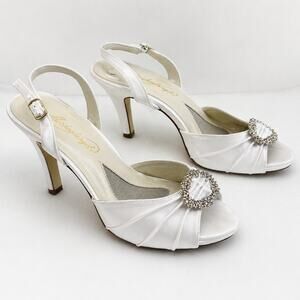 Makenzi Size 7.5 White Satin Bridal Heels Slingback Open Toe Rhinestone Buckle